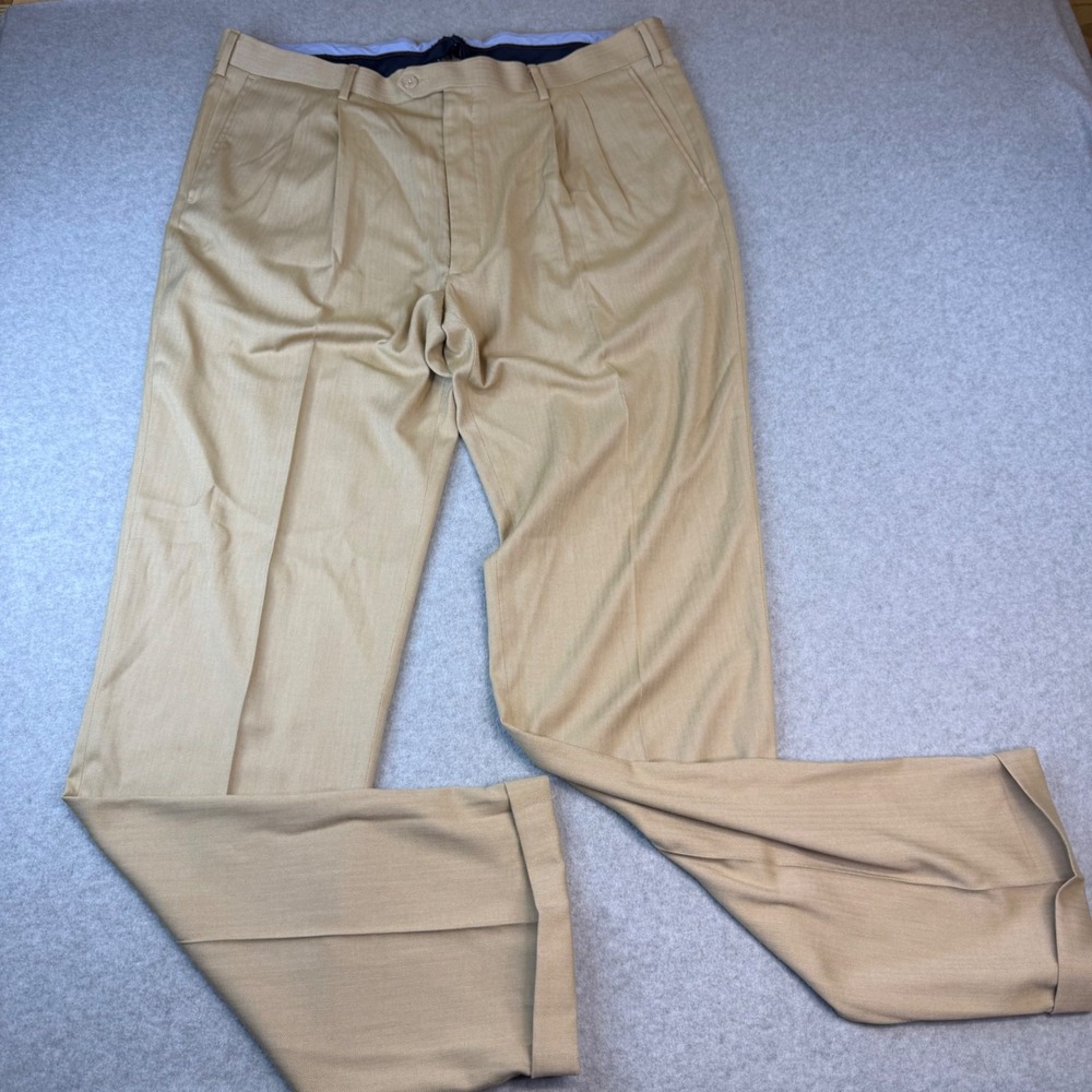 Roundtree & Yorke TravelSmart Mens 40x36 Tan Herringbone Pleated Dress Pants